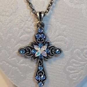 Lia Sophia Blue Crystal Cross Pendant Necklace